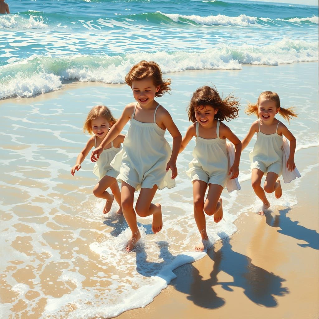 Carefree Children Chasing Waves on a Sandy Beach in Impressi...