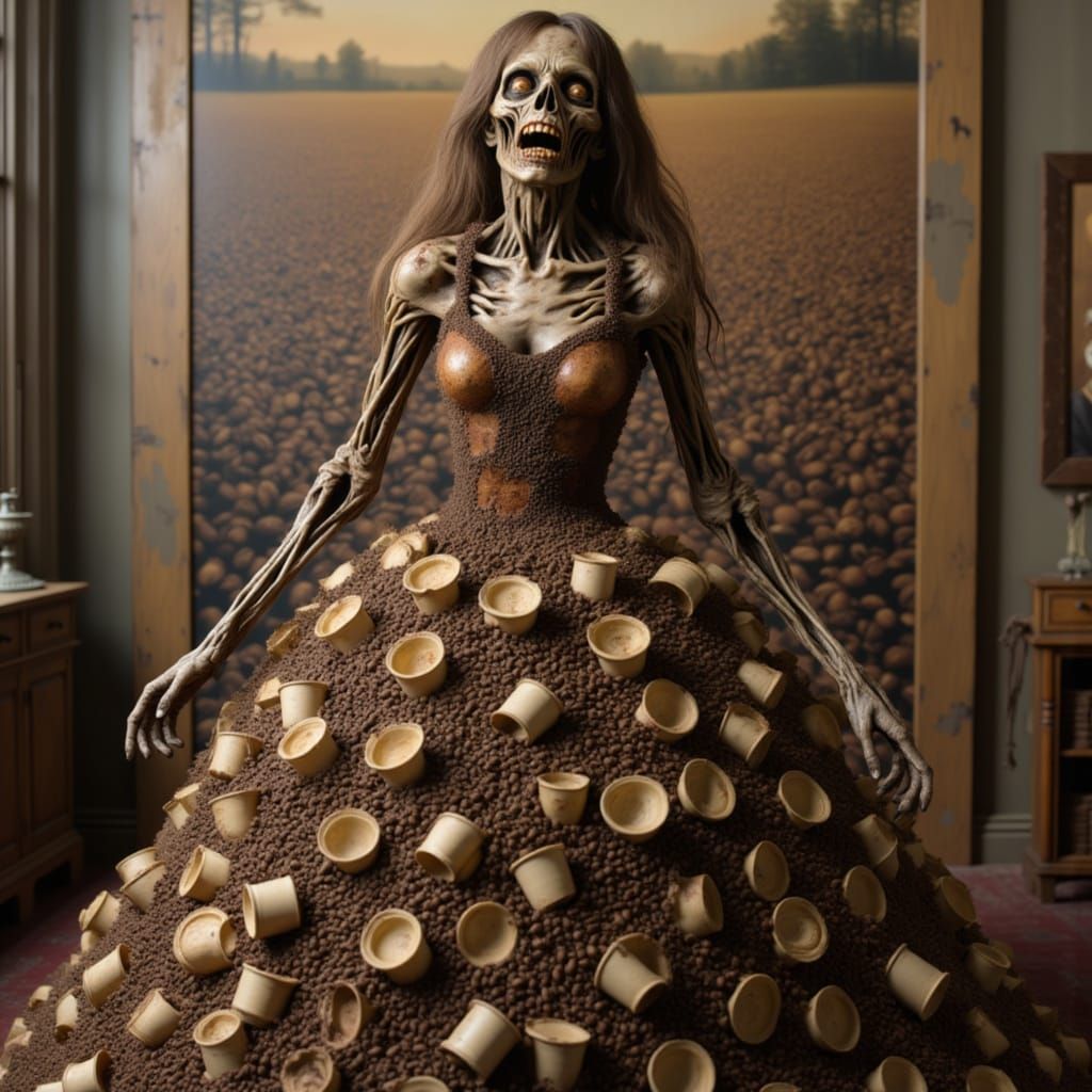 Elegant Zombie Amidst Coffee Bean Landscape