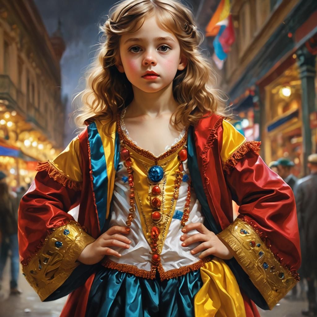 Child Enjoys Carnival Parade, Classical Painting Style