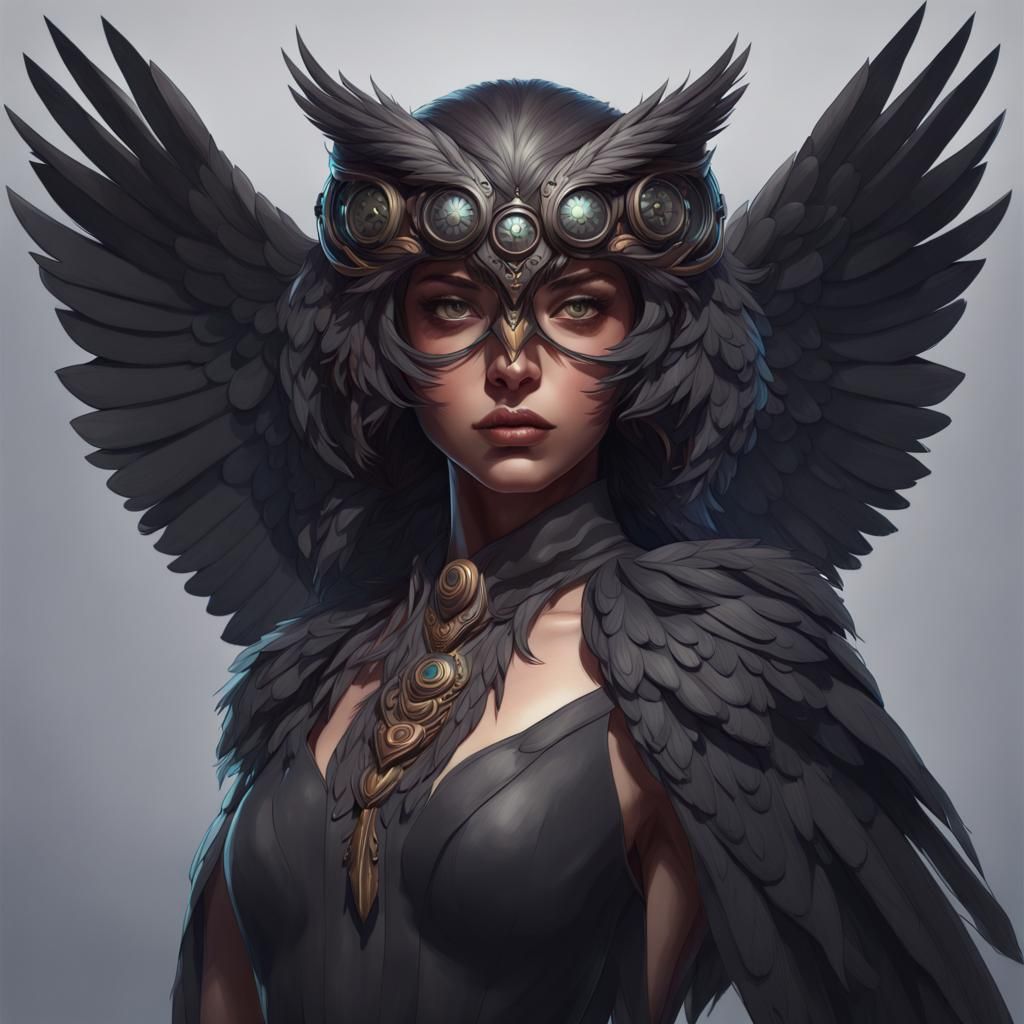 Hyperdetailed Black Owl Portrait in Art Nouveau Style