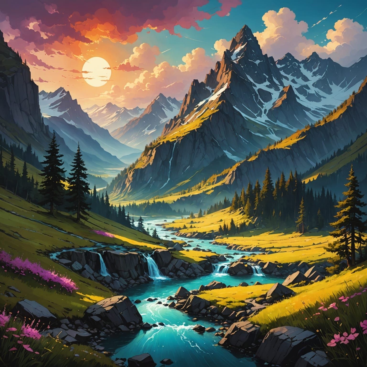 Dreamy Mountain Valley Convergence in Vibrant Colors