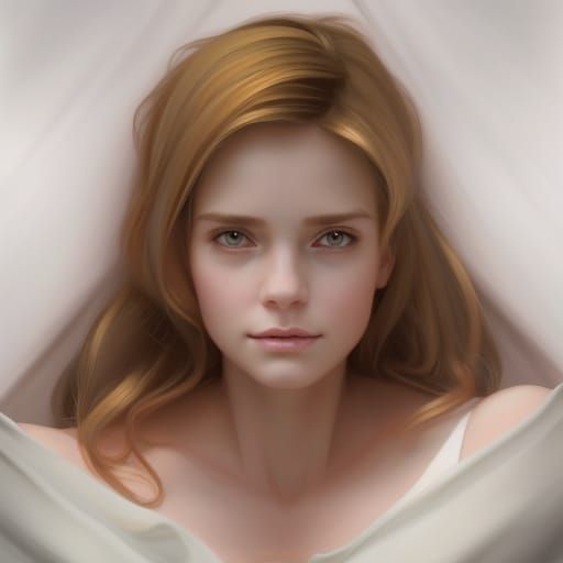 Worried Blonde Girl on Bed, Detailed Digital Portrait
