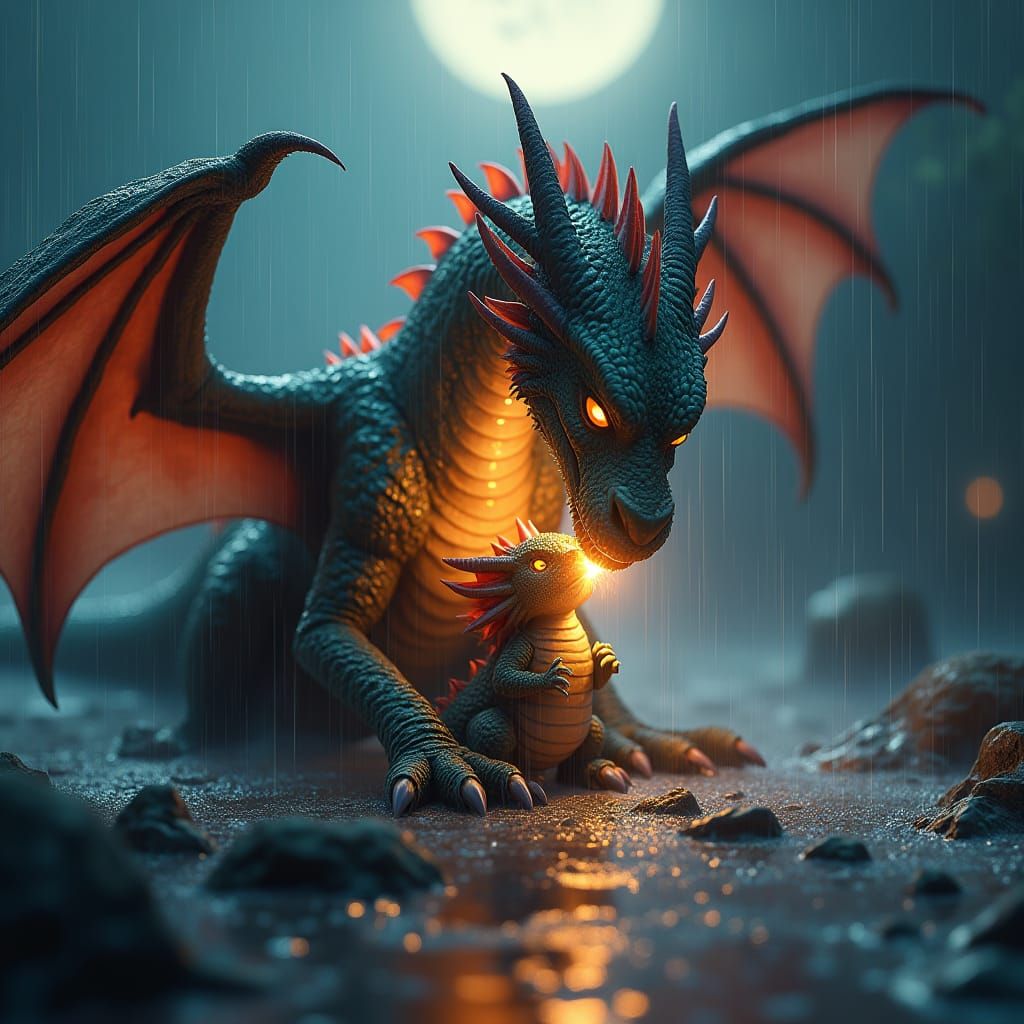 Heartbroken Dragon Mother Nuzzles Baby in Rain