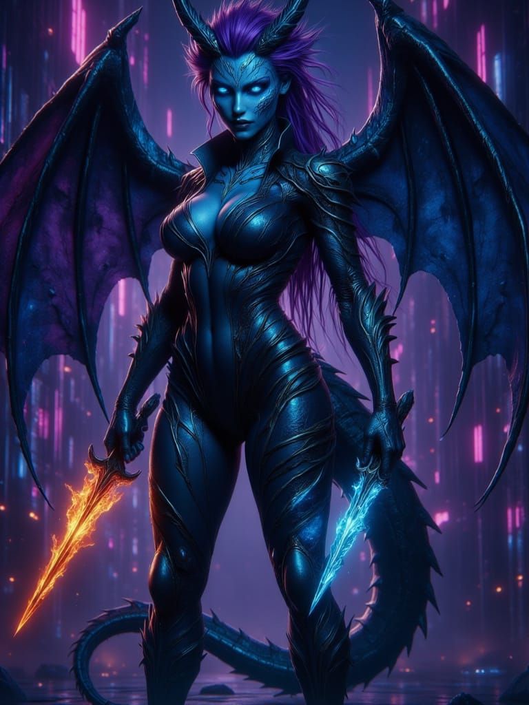 Cyberpunk Frost Dragon Assassin with Neon Daggers