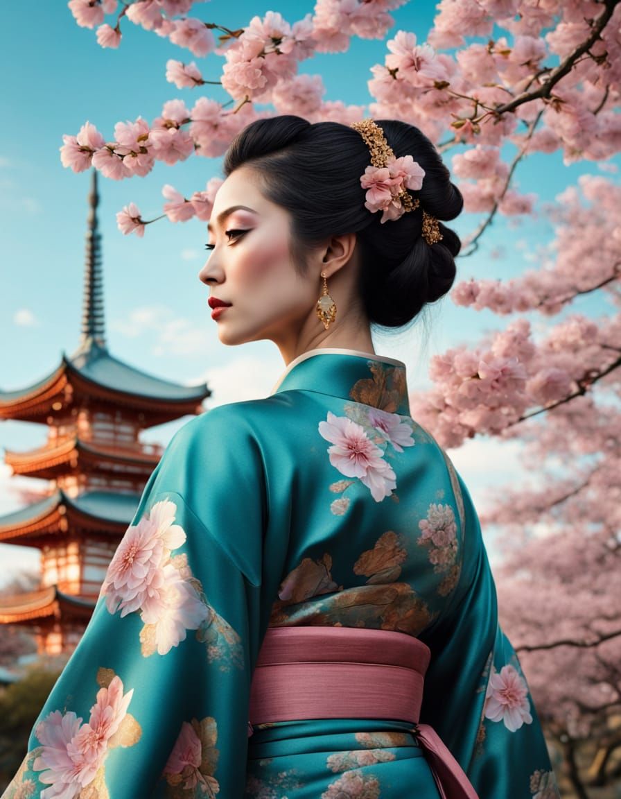 Geisha in Cherry Blossoms, Impressionistic Oil Painting