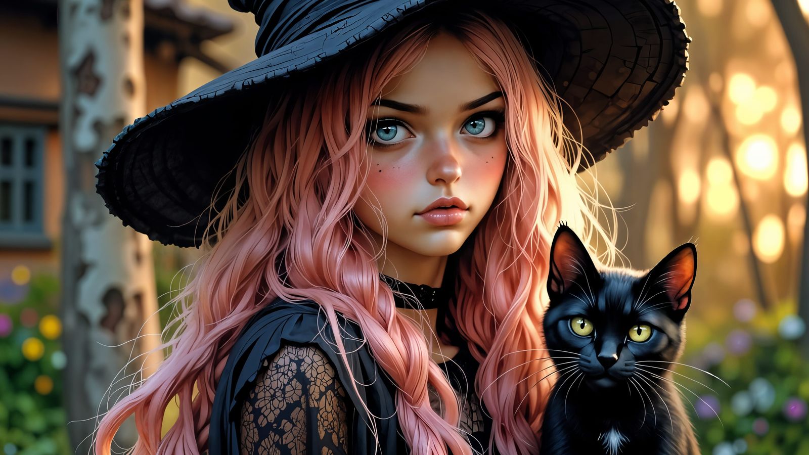 Pink-Haired Witch with Black Cat in Fantasy Art