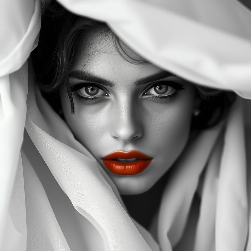 Veiled Woman in Black and White: Vintage Film Photography