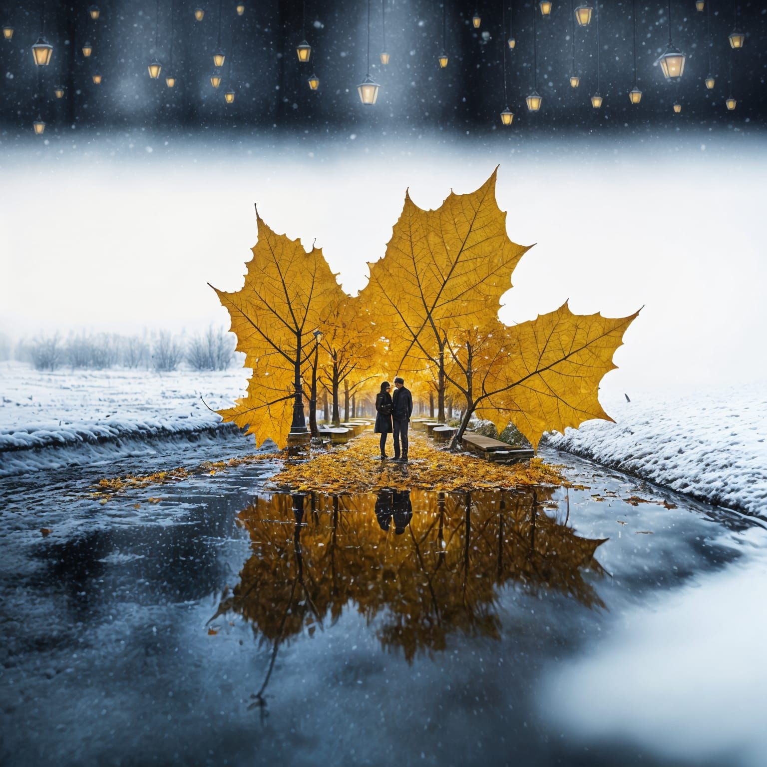 Autumn Park Landscape in a Charcoal Leaf