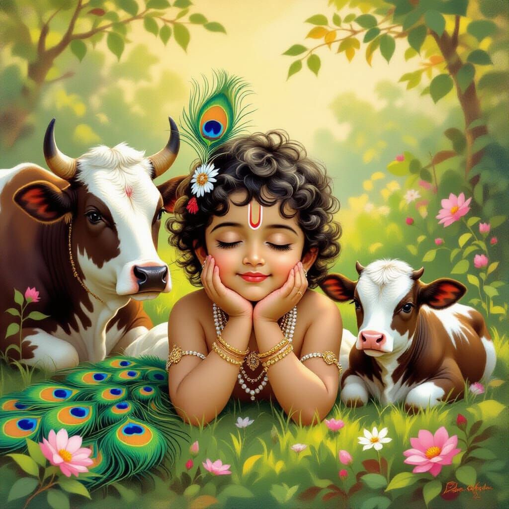 Divine Child Krishna with Cows in Golden Hour