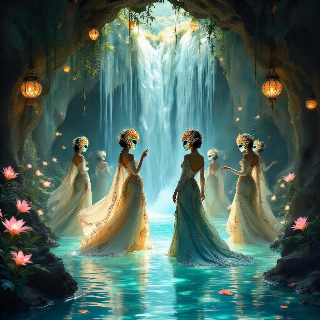 Bioluminescent Waterfall Grotto: Art Nouveau Elegance