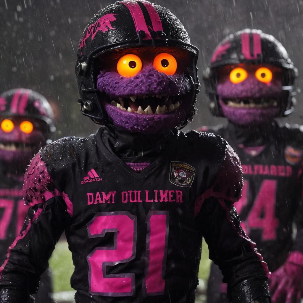Demonic Muppets Play Football in Ominous Oil Painting