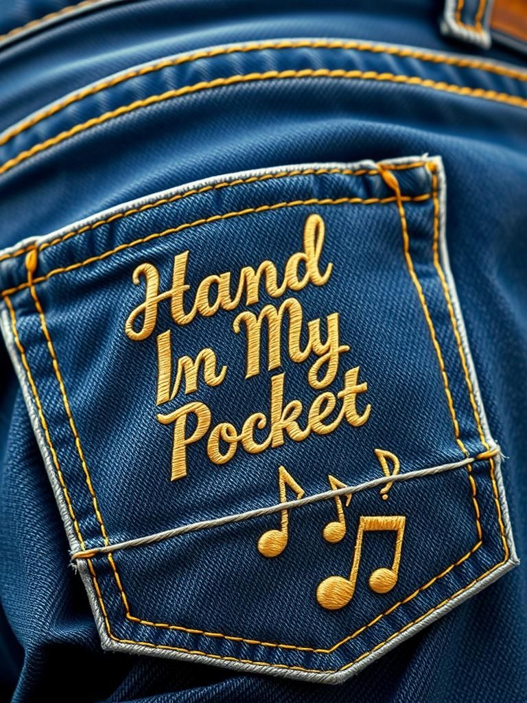Gold Stitched Text on Blue Denim Pocket