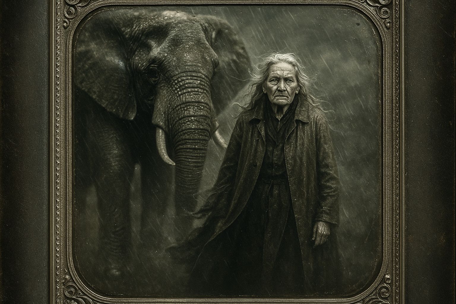 Woman and Elephant in Storm: Daguerreotype Photograph