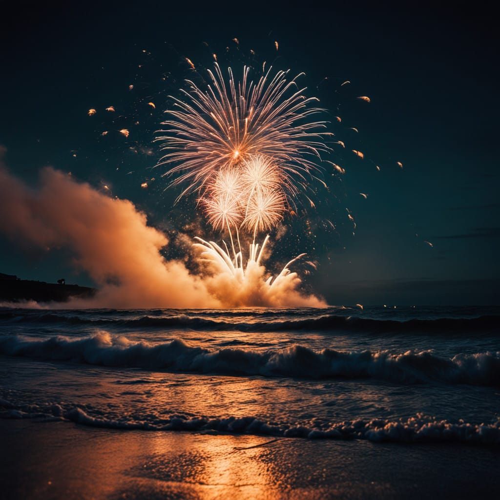 Vibrant Nighttime Beach Fireworks Display in Cinematic Style