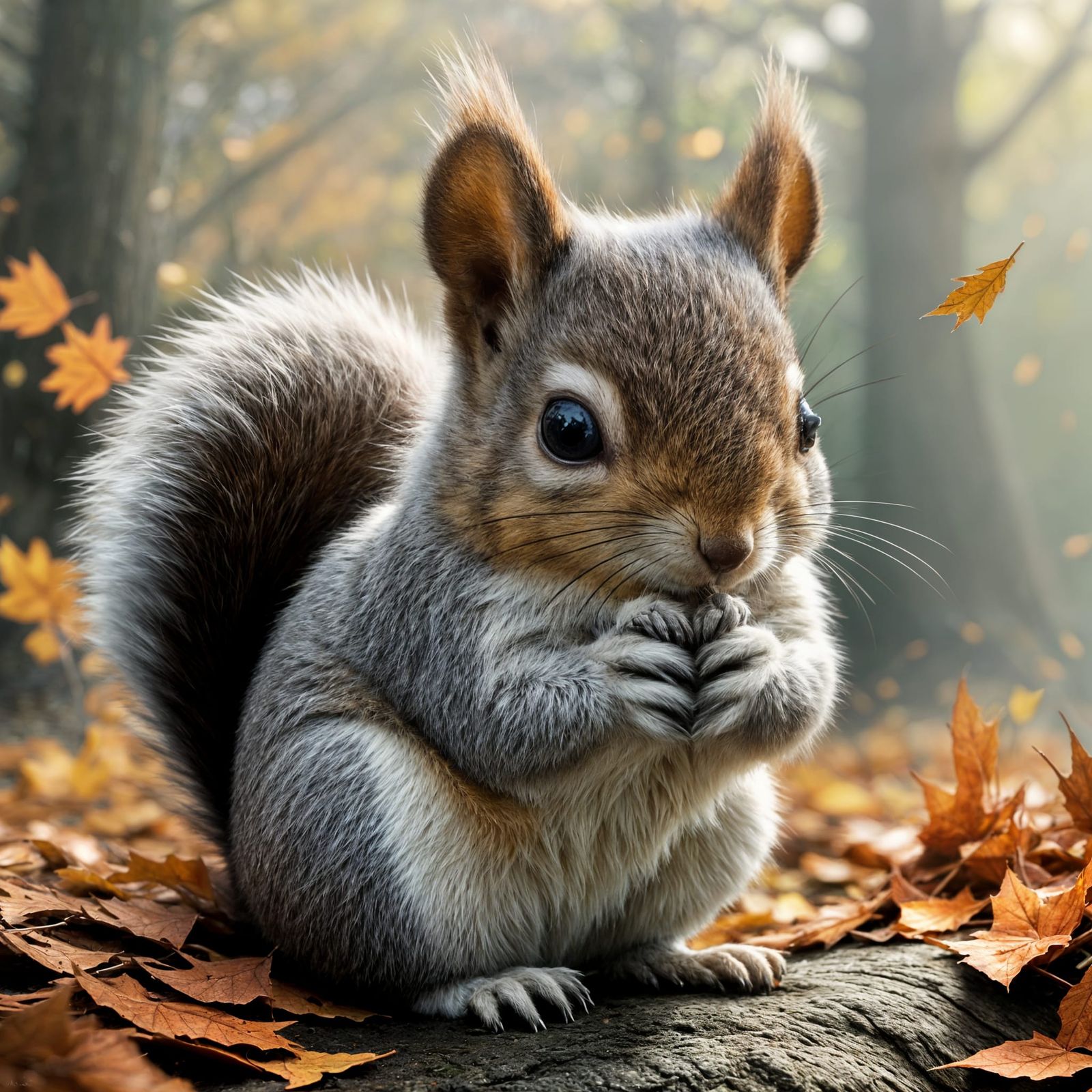 Fluffy Squirrel Sleeping in Autumn Leaves, 3D Anime Art