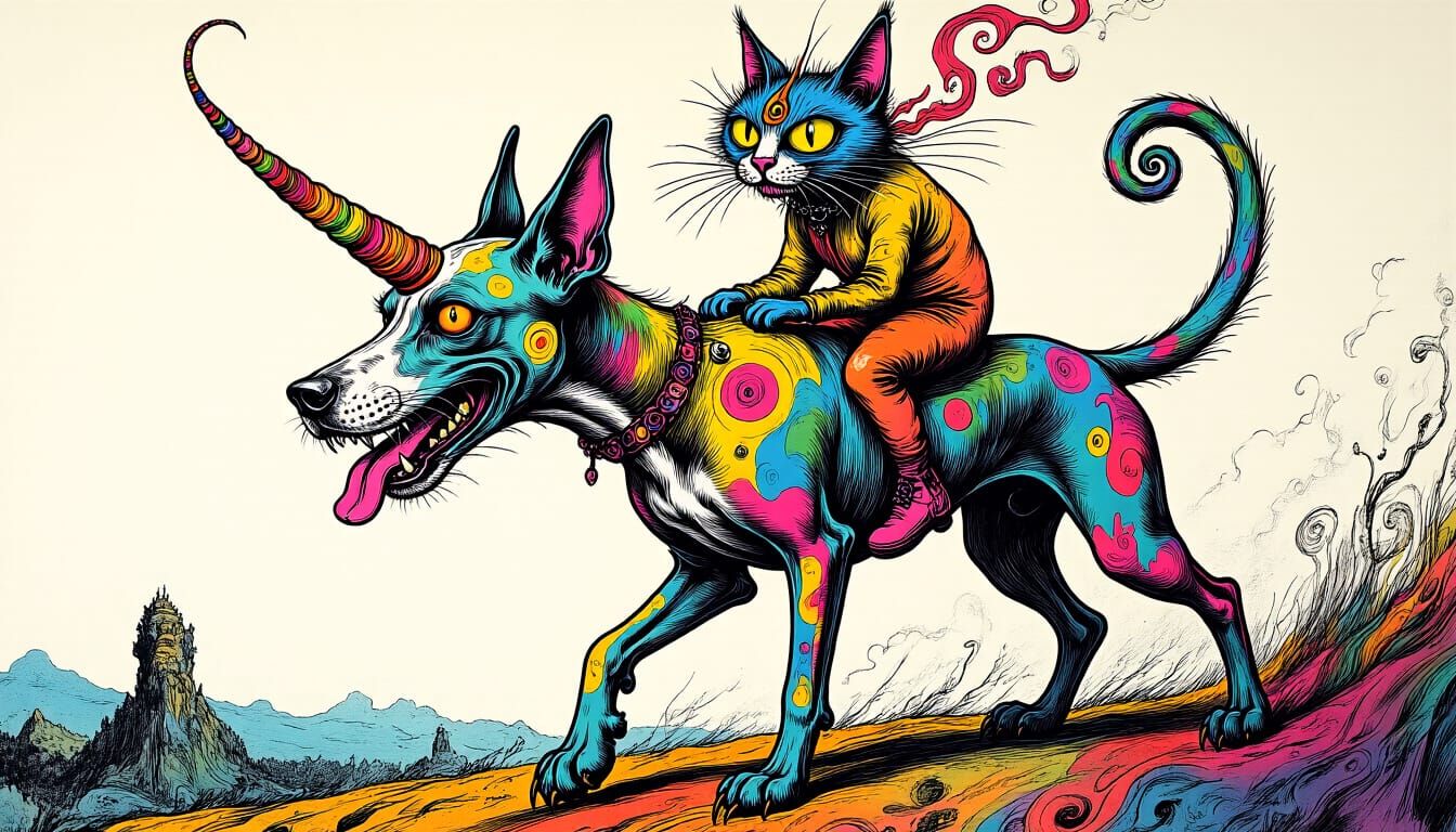 Psychedelic Cat Rider: Etched Line Art