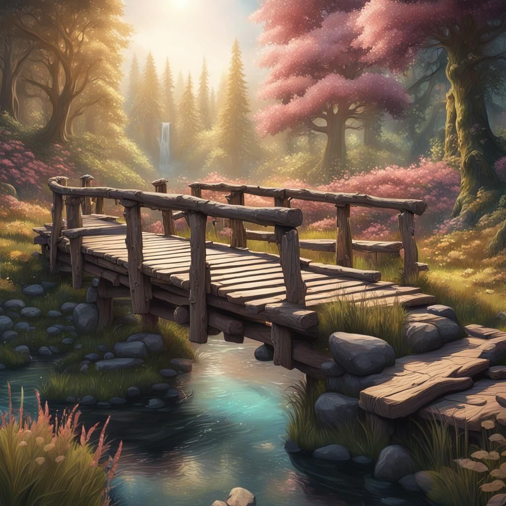 Rustic Bridge Over Stream in Pastel Colors