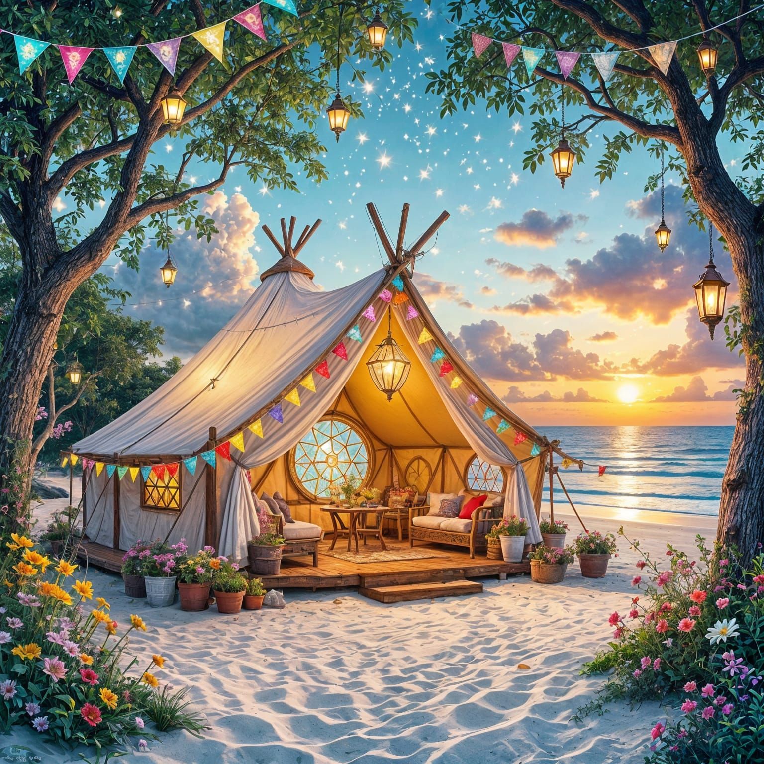 Magical Beach Tent at Sunset with Fairylights and Flowers