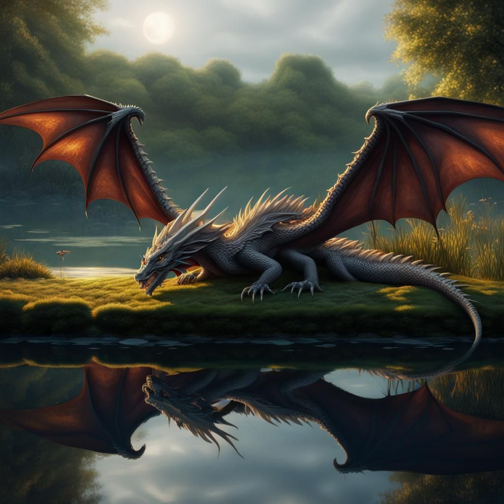 A long sinewy dragon with wings sleeping next to a pond
