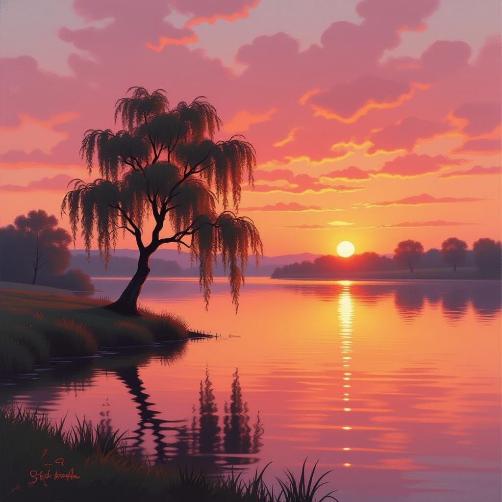 Ethereal Sunset Landscape with Willow Tree as Oil Painting