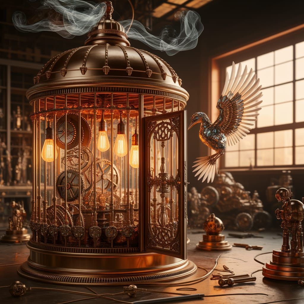 Steampunk Mechanical Bird Escapes Ornate Cage
