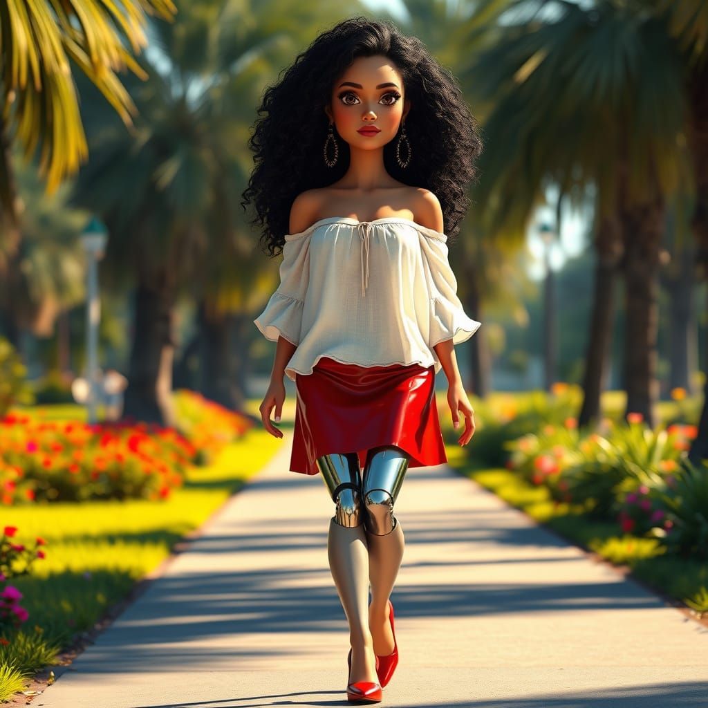 Vibrant Park Scene with Petite Curvy Woman in Red Patent Lea...