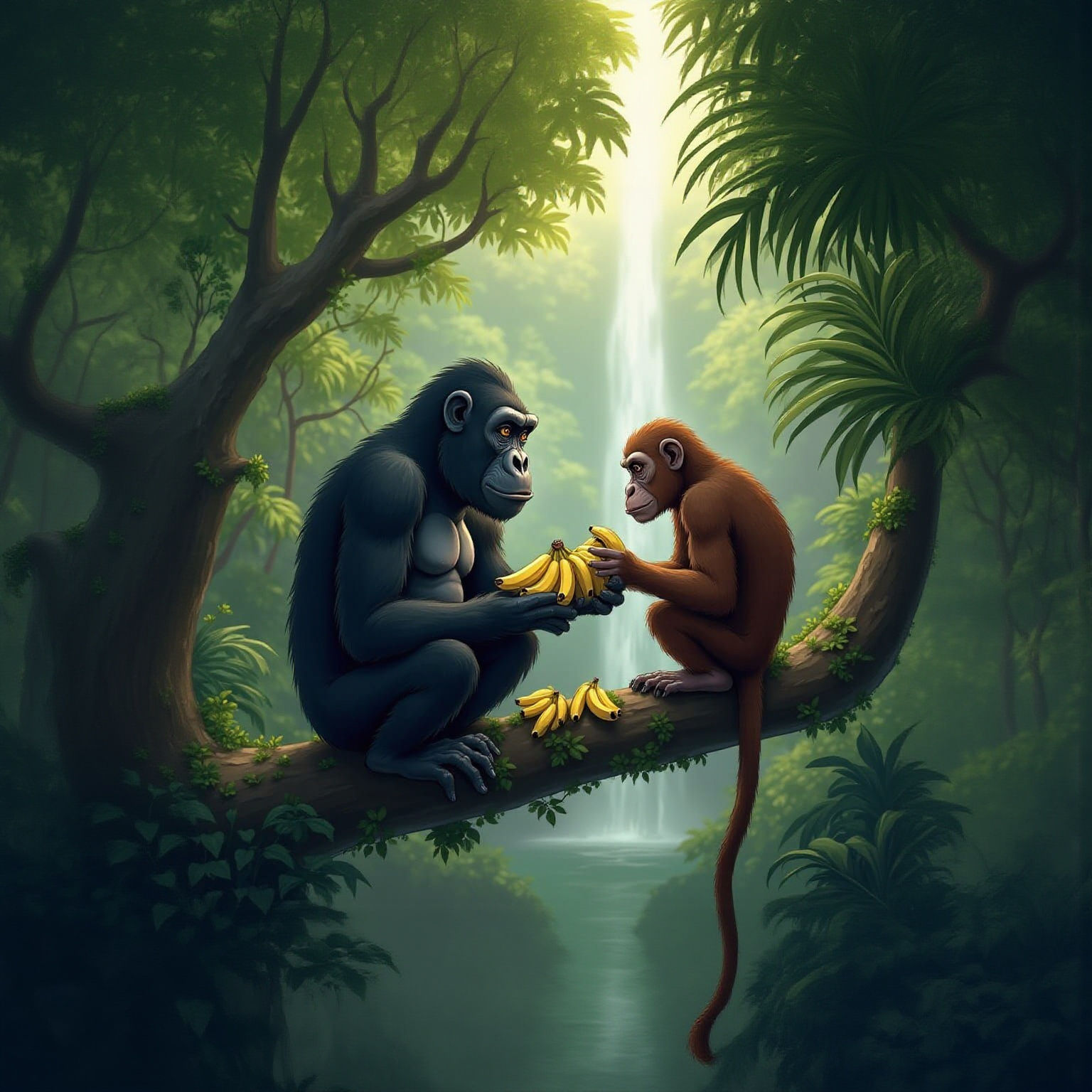 Gorilla and Monkey Share Bananas by Waterfall