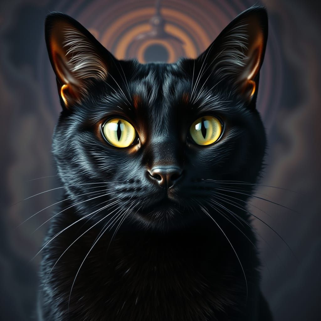 Surreal Black Cat Amidst Swirling Background