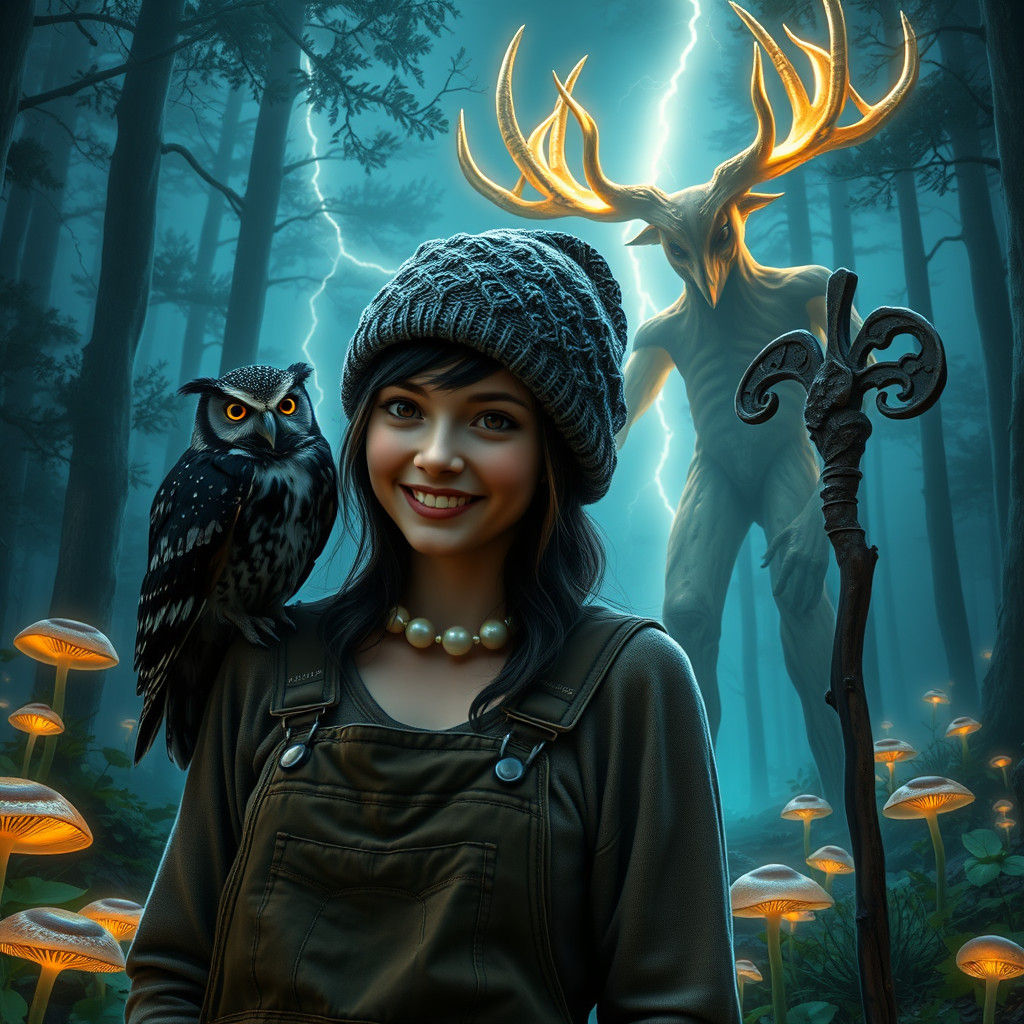 Woman and Owl in Bioluminescent Forest, Fantasy Art