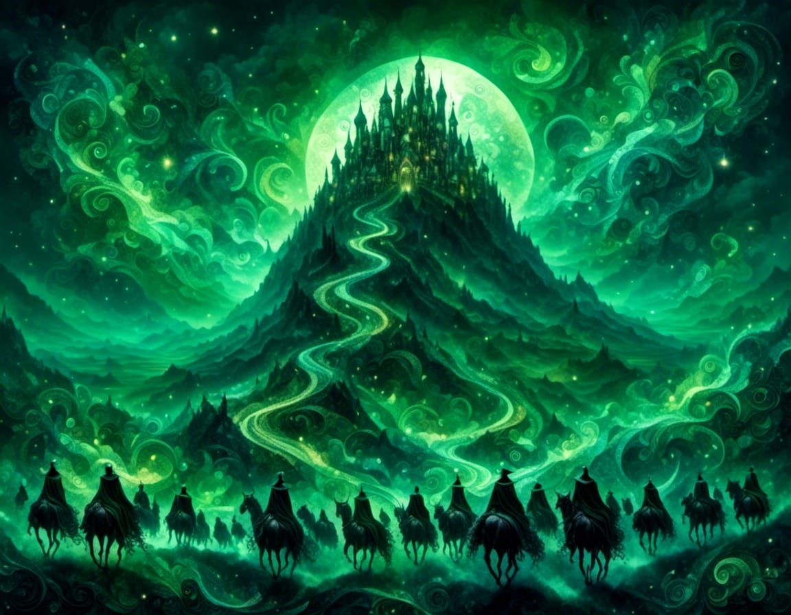 Macabre Procession Under Swirling Clouds in Barren Land