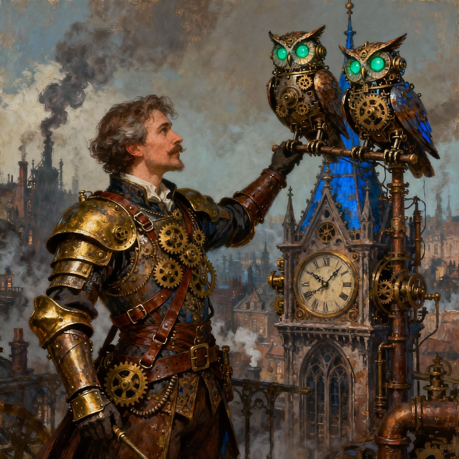 Steampunk Inventor Commands Clockwork Owls Over Victorian Ci...