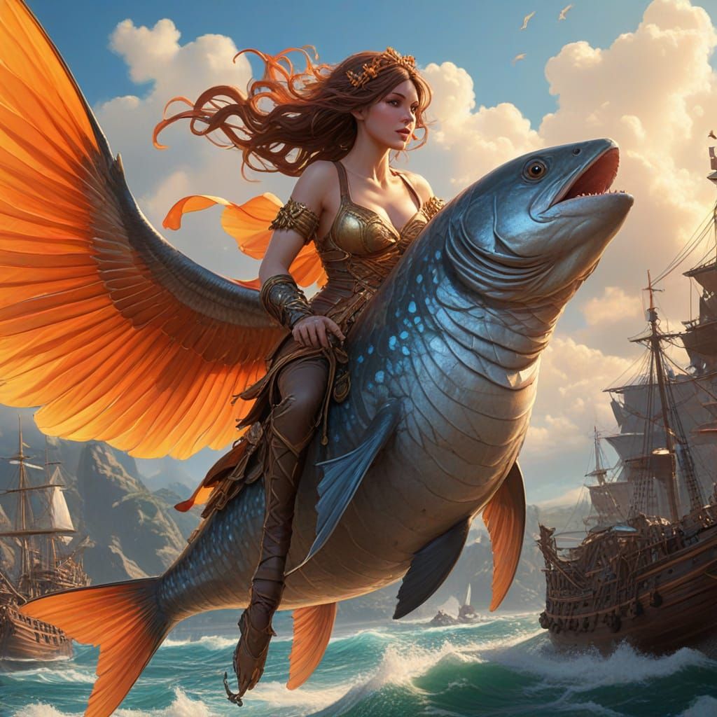 Pirate Rides Giant Flying Fish in Dreamscape