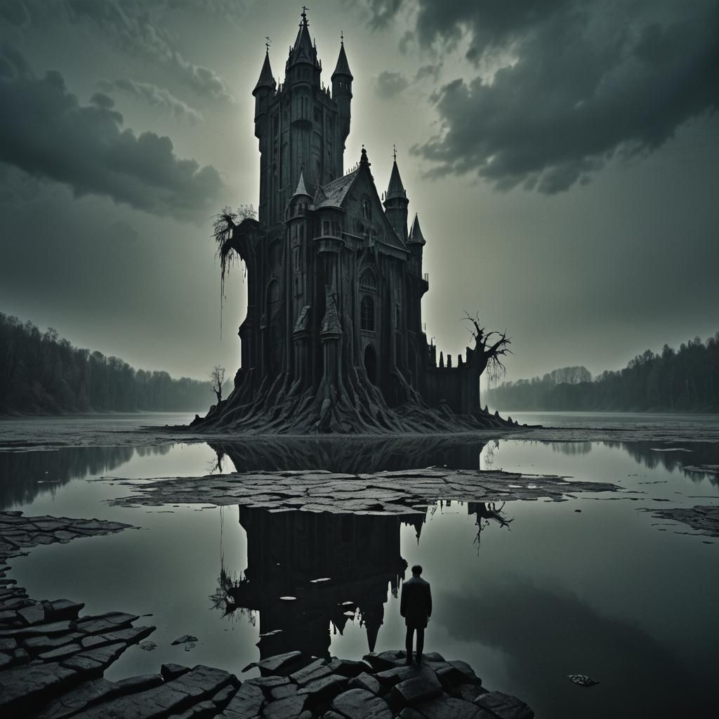 Dark Gothic Tower by Lake in Surrealist Style