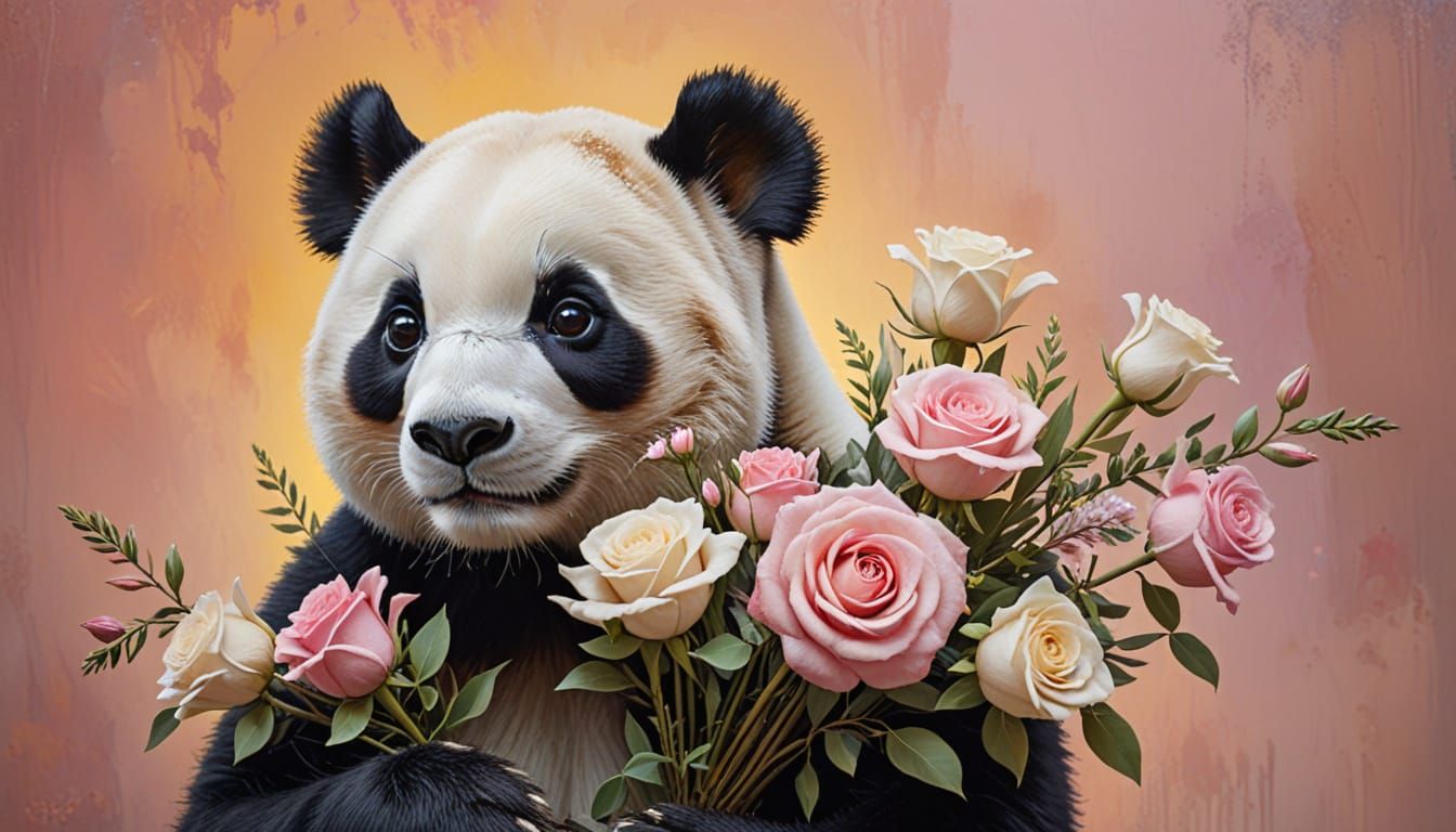 Cute Panda Bear with Flowers as Surreal Oil Painting
