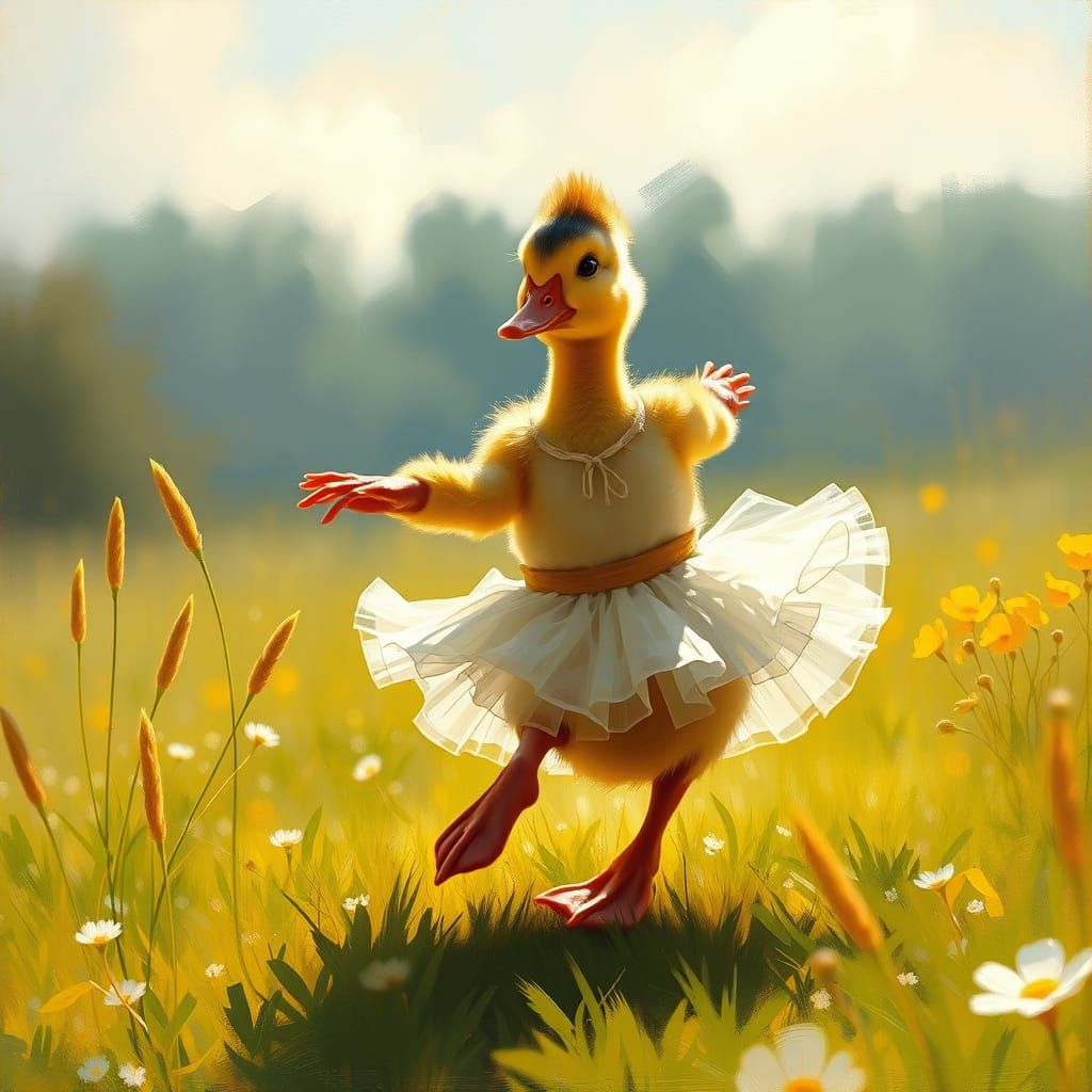 Duckling's Ballet: An Oil Painting in Storybook Style