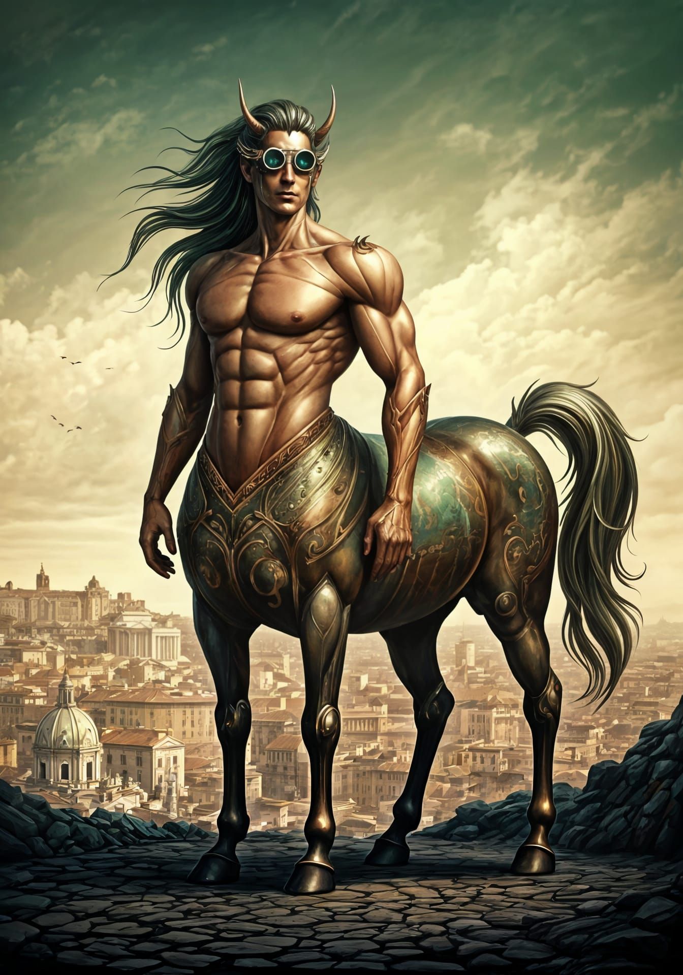 Steampunk Centaur Over Rome in Ethereal Style