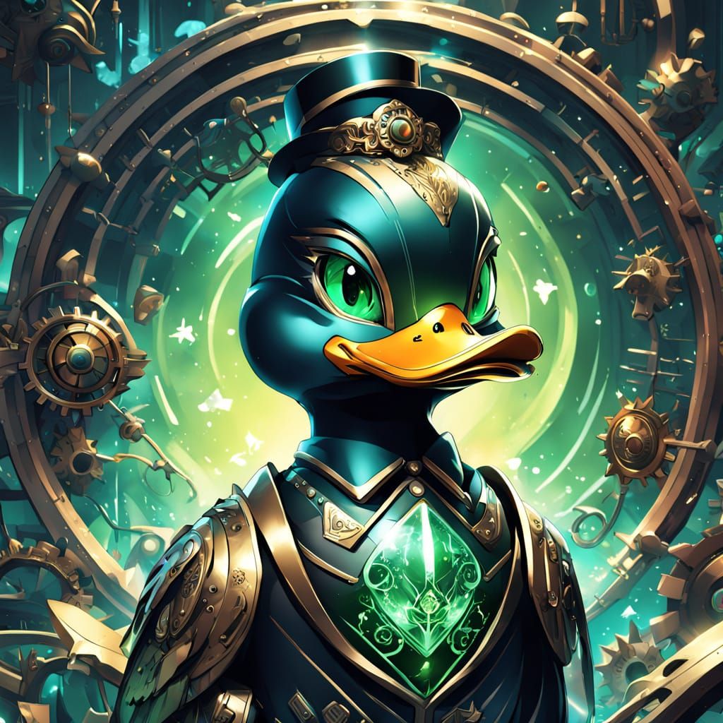 Vibrant Anime Duck with LED Eyes and Mechanical Tuxedo