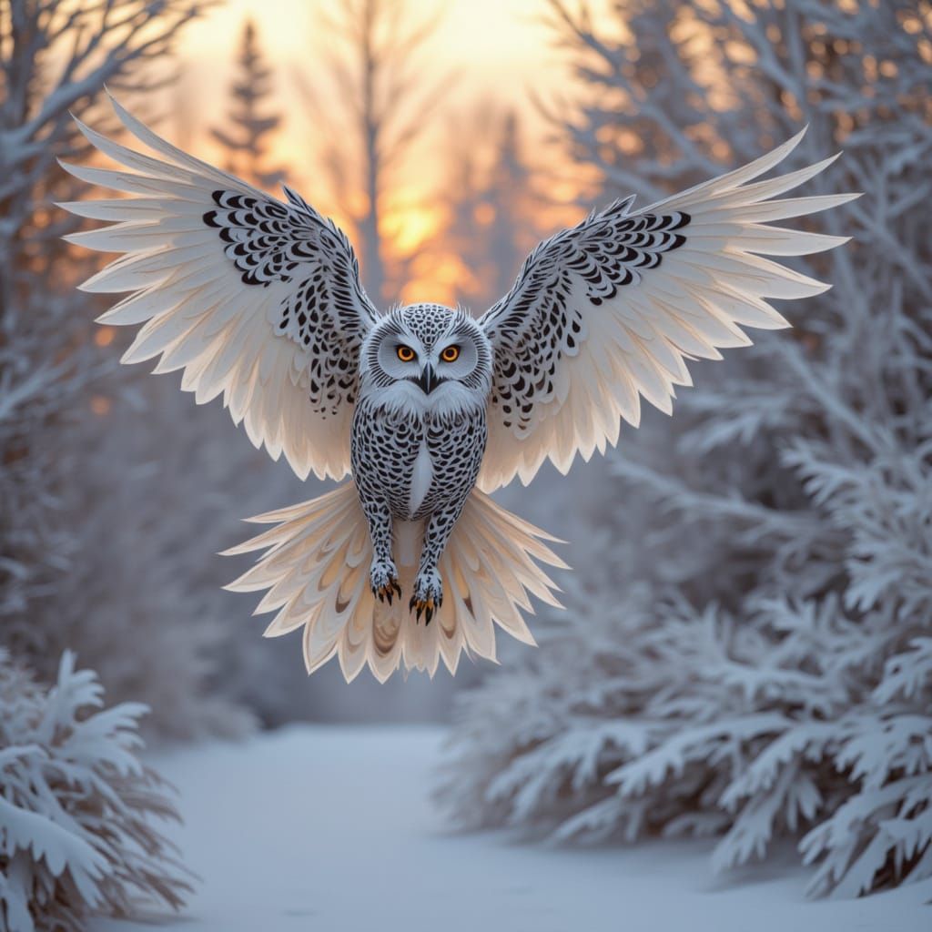 Silver Owl Soars Through Snowy Sky