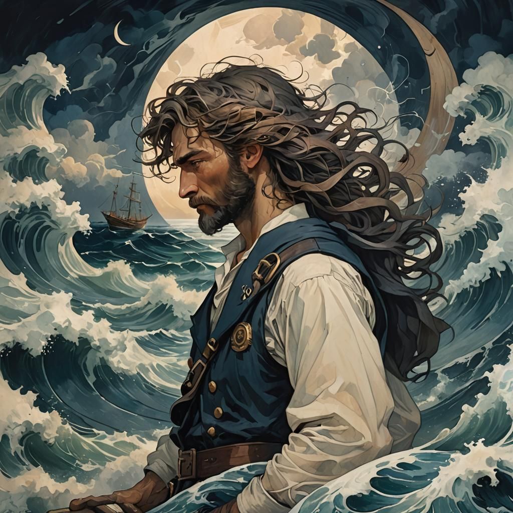 Sailor Gazing at Stormy Sea in Symbolist Style