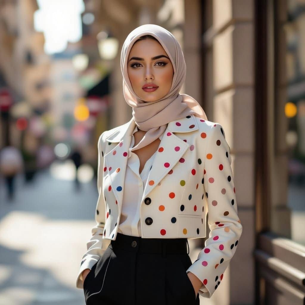 Elegant Woman in Polka Dot Manteau on City Street