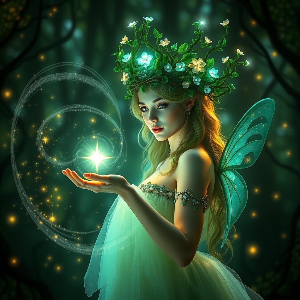 Radiant Fae Queen in Bioluminescent Forest