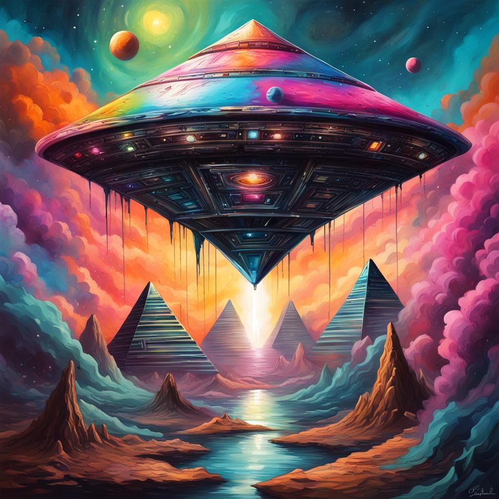 Pyramid UFO Orbiting Planet in Graffiti Art Style