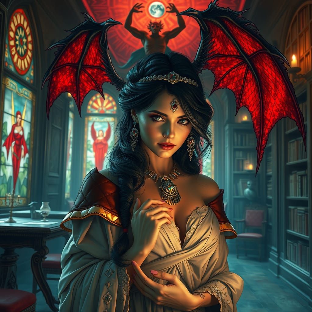 Elegant Woman's Turmoil in Ancient Library