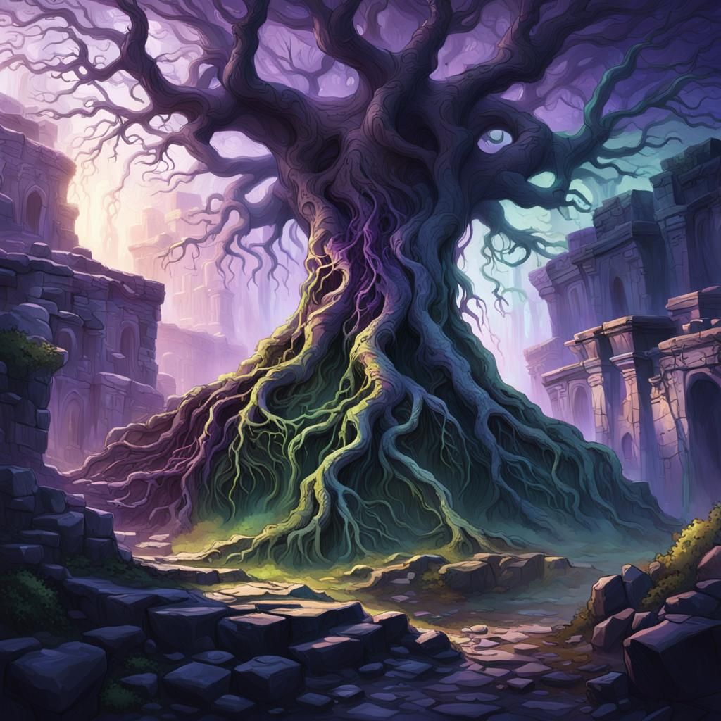 Dark Fantasy: Colossal Tree Strangling Ruined City