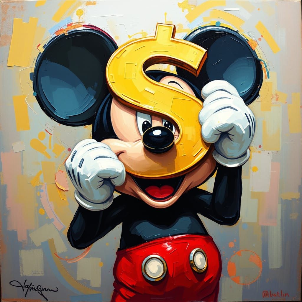 Mickey Mouse Holds Gold Dollar Sign in Acrylic Abstract Art