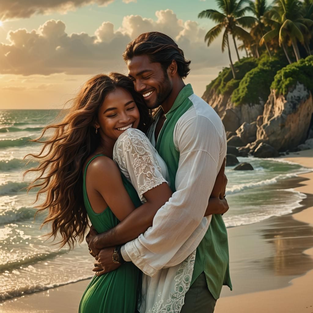 Fantasy Couple Embrace in Warm Sunset Light
