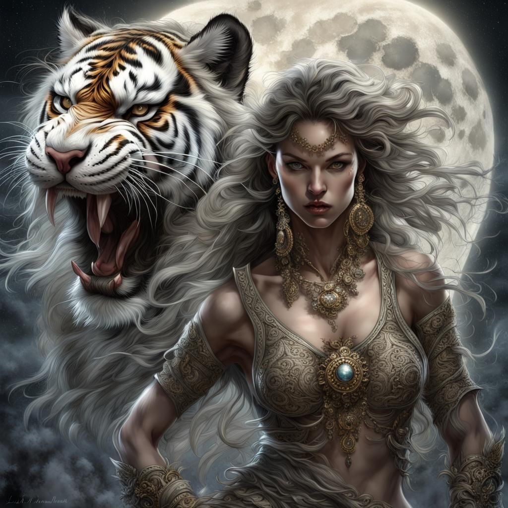 Woman and Tiger Under the Moon, Royo Style