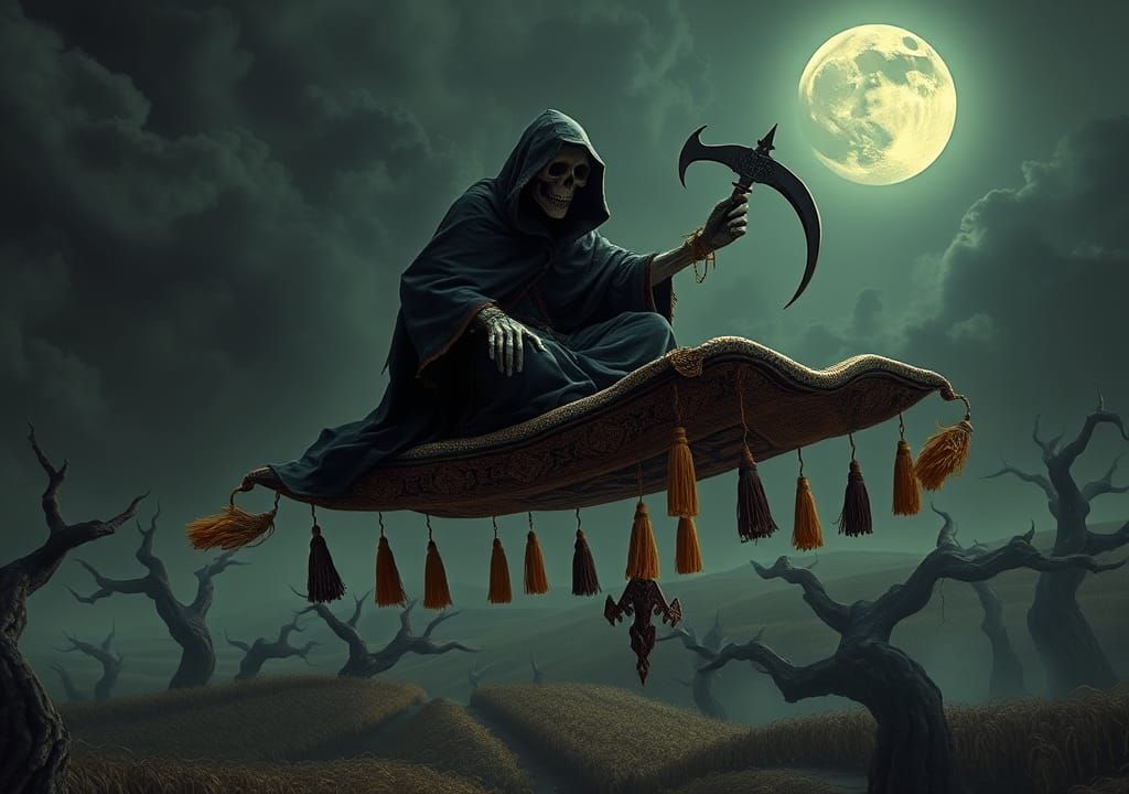 Grim Reaper Soaring Over Dark Countryside in Gothic Fantasy ...