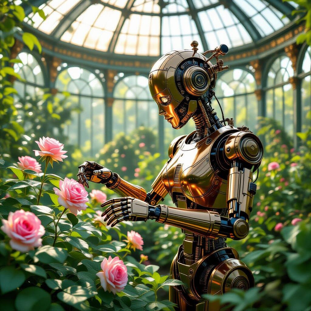 Steampunk Automaton in Bioluminescent Conservatory