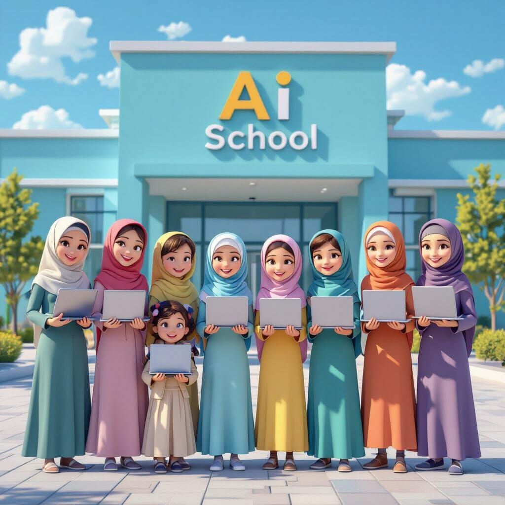 Happy Students at AI School in Cartoon 3D Style